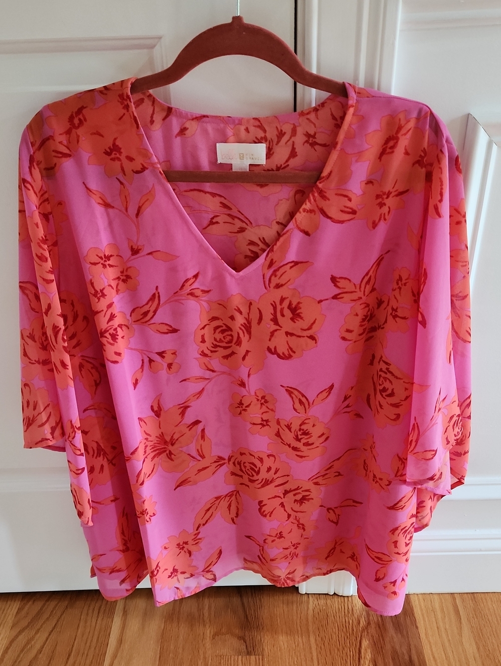 Belle by Kim Gravel, Pink Blouse with Orange Floral Print, Sz 1X
